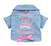 PalmPurr Denim Dog Jacket for Small Dogs & Cats, “Daddy’s Princess” Embroidered Pet Coat with Pearls & Bow, Light Blue Jean Outfit with D-Ring, Cute Apparel for Walks, Photos, Parties & Holidays(M)