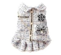 PalmPurr Fall Winter Dog Tweed Coat with Pearl Design, Warm Fleece Dog Dress for Small Medium Dogs & Cats, Cute Puppy Clothes with Bow & Flower, Luxury Pet Outfit for Girls(Blue,XS)