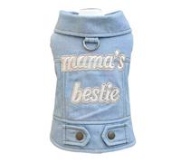 PalmPurr Light Blue Denim Dog Vest for Small Dogs & Cats, “Mama’s Bestie” Embroidered Jean Jacket with D-Ring, Soft Lightweight Pet Outfit for Walks, Parties & Daily Wear(L)
