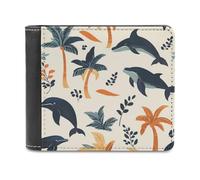 Palms Whales Trees Dolphins Men's Leather Wallet Bifold Purse Card Holder Slim Money Clip Single-Sided Print