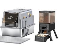 PalNests 80L Stainless Steel Cat Litter Tray & 4L Automatic Cat Feeder Double Granary