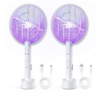 PALONE Electric Fly Swatter, 2 in 1 USB-C Rechargeable Bug Zapper Racket with Charging Base, Handy Fly Insect Killer Cather, Mosquito Wasp Trap, Insect Killer for Indoor Outdoor Pest Control (White*2)