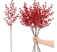 Palonu 8 Pcs 25 Inches Artificial Red Berry Stems Extra Long Red Berries Holly Berry Branch Fake Burgundy Berry Picks for Floral Arrangements Christmas Tree Holiday Home Décor
