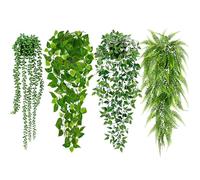 Palonu Artificial Hanging Plants for Shelf, 6 Pack Fake Potted Greenery Plant Faux Eucalyptus Vine, Mandala Vine, String of Pearls,Pea pod Leaves,Ivy Vine,Persian Grass Fern in Pot for Home Decor
