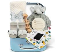 Palotix Newborn Baby Boy Gift Hamper Set: Newborn Essentials with Elephant Comforter Blanket, Wooden Rattle, Bib, Socks & Ink Pad in a Blue Keepsake Box - Baby Shower Gift for New Arrival