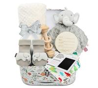 Palotix Newborn Baby Girl Gift Hamper Set: Newborn Essentials with Elephant Comforter Blanket, Wooden Rattle, Bib, Socks & Ink Pad in a Blue Keepsake Box - Baby Shower Gift for New Arrival