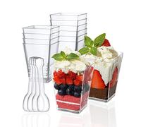 PALUDO 150ml Mini Dessert Cups with Spoons, 50 Pack Reusable Clear Square Plastic Dessert Cups, Cheesecake Pots, Multi-use Serving Dessert Bowls for Mousse Puddings Desserts Party Supplies
