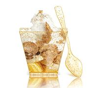 PALUDO 60ml Mini Gold Glitter Dessert Cups with Spoons, 50 Pack Reusable Clear Square Plastic Dessert Cups, Cheesecake Pots, Multi-use Serving Dessert Bowls for Appetizers Birthday Party Supplies