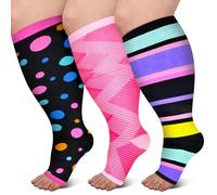 PAMAID Open Toe Compression Socks for Women 3 pairs Toeless Sock Wide Calf Knee High Support Sock, Colorful, XXL