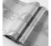 Pamatio Silver Grey Glitter Textured Wallpaper Luxury Stripes with Floral Metallic Embossed Wall Paper, European Retro Feature,for Adult Bedroom Living Room TV Background Hallway, 9.5m X 0.53m