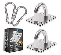 PAMAZY 2PCS M8 Premium Heavy Duty Square Stainless Steel Pad Eye Hooks + 2PCS Snap Hooks and 8PCS Screws with 8PCS Plastic Expansion Tube, Ceiling Hooks for Outdoor Indoor Activity