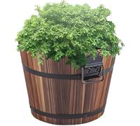 PaMeer Rustic Wooden Barrel Planters - Wooden Bucket Barrel Planter, Flower Pots Boxes Container, Large Round Garden Pots with Drainage Holes for Outdoor & Indoor Plants (Large)