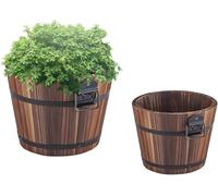 PaMeer Rustic Wooden Barrel Planters - Wooden Bucket Barrel Planter, Flower Pots Boxes Container, Large Round Garden Pots with Drainage Holes for Outdoor & Indoor Plants (2 Pcs Large & Medium)