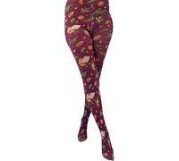 Pamela Mann Burgundy Christmas Tights, Festive Robin and Pine Cone Print, Ladies Holiday Hosiery Size 8 to 14
