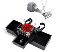 PAMFOIEL Valentine's Day Gift for Her,Preserved Flowers Red Rose with I Love You 100 Languages Unique Necklaces,Rose Gifts for GF,GF Red Rose Gift for Girlfriend on Birthday and Anniversary
