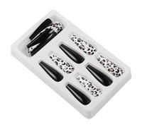 PAMINGONO 24pcs Long Fake Nails for Women with Black Leopard Print Coffin Shape, Abs Material, Easy to Apply, Fashionable Nail Art for Holiday Events at Home