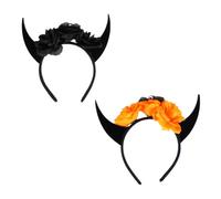 PAMINGONO 2pcs Halloween Skull Horn Headbands with Realistic Flower Details Black and Orange Devil Horn Hair Accessories for Adult Costume Parties and Cosplay Events