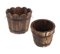 PAMINGONO 2pcs Small Carbonized Wood Succulent Planter Set with Flat and Wave Edge Mini Barrel Flower Pots for Patio Garden, Vintage Style Wood Plant Pots for Indoor Outdoor Use