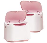 PAMINGONO 2pcs Small Press-Top Desktop Trash Can with Lid, White and Pink Household Office Waste Bin for Tabletop Sundries Storage and Desktop Organization
