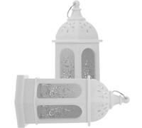 PAMINGONO 2pcs White Moroccan Style Mini LED Ramadan Candle Lanterns Decorative Hanging Lanterns for Eid Mubarak Home and Party Décor