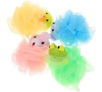 PAMINGONO 4 Pcs Cartoon Animal Bath Balls Mesh Shower Sponge Set with Hanging Rope Soft Yellow Duck Green Frog Pink Rabbit Blue Bear Gentle Exfoliating Bath Scrub for