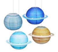 PAMINGONO 4 Pcs Outer Space Paper Lanterns Planet Hanging Decorations for Birthday Party Nursery Room Decor Space Theme Solar System Lanterns in Light Blue Dark Blue Light Yellow