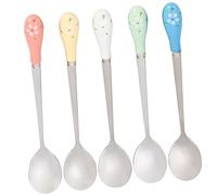 PAMINGONO 5pcs Ceramic Handle Stainless Steel Coffee Spoons Multifunctional Milk Stirring Spoons Flower Patterned Tableware for Coffee Tea and Soup