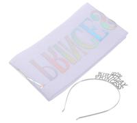 PAMINGONO Birthday Crown Headband and Rhinestone Princess Tiara with White Iridescent Sash Set for Women’s Birthday Party Hair Accessory