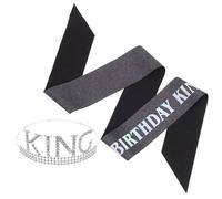 PAMINGONO Birthday King Crown and Sash Set for Men, Silver-White Rhinestone Headband with Black-Silver Lettering, Adult Birthday Accessories Party Decoration