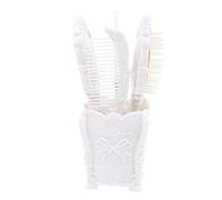 PAMINGONO Vintage Desktop Dressing Mirror and 5pcs Hair Brush Set with White Storage Holder, Detangling Comb and Paddle Brush for Salon and Personal Hair Care Use
