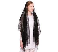 PAMOR Chapel Veil Scarf Mantilla Veils Rectangular Wrap Shawl Mass Head Covering with Fringe Trim, Black, One Size