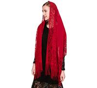PAMOR Chapel Veil Scarf Mantilla Veils Rectangular Wrap Shawl Mass Head Covering with Fringe Trim, Red, One Size