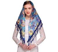 PAMOR Mass Veil Triangle Mantilla Cathedral Head Covering Chapel Veil Lace Shawl Latin Scarf, Blue 2, 54inches