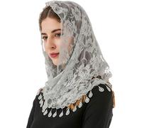 PAMOR Mass Veil Triangle Mantilla Cathedral Head Covering Chapel Veil Lace Shawl Latin Scarf, Gray, 54inches