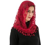 PAMOR Mass Veil Triangle Mantilla Cathedral Head Covering Chapel Veil Lace Shawl Latin Scarf, Maroon, 54inches