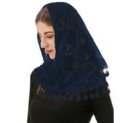 PAMOR Mass Veil Triangle Mantilla Cathedral Head Covering Chapel Veil Lace Shawl Latin Scarf, Navy Blue, 54inches