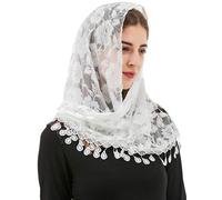 PAMOR Mass Veil Triangle Mantilla Cathedral Head Covering Chapel Veil Lace Shawl Latin Scarf, White, 54inches