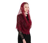 PAMOR Spanish Style Lace Traditional Vintage Inspired Infinity Shape Mantilla Veil Latin Mass Head Covering, Burgundy, One Size