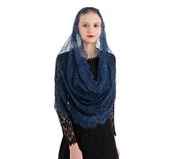PAMOR Spanish Style Lace Traditional Vintage Inspired Infinity Shape Mantilla Veil Latin Mass Head Covering, Navy Blue, One Size