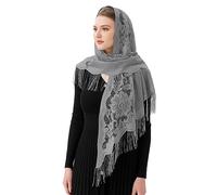 PAMOR Triangle Catholic Church Veil Chapel Veil Scarf Mantilla Veils Wrap Shawl Mass Head Covering with Fringe Trim, Gray, Large