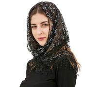 PAMOR Triangle Lace Veil Mantilla Cathedral Head Covering Chapel Veil for Mass Wedding Bridesmaids, Black, One Size
