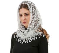 PAMOR Triangle Lace Veil Mantilla Cathedral Head Covering Chapel Veil for Mass Wedding Bridesmaids, White, One Size