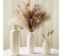 Pampas Grass with Vase Set - 3 Beige White Ceramic Vases with Natural Dried Pampas, Bunny Tails & More - Neutral Farmhouse Decor for Fireplace, Home, Mantel, Entryway, Kitchen & Boho Table Centerpiece