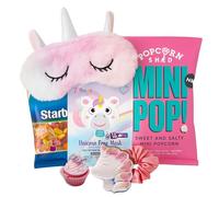 Pamper Set for Kids - Girls Unicorn Hamper with Unicorn Eye Sleep Mask, Bath Bomb, Lip Balm, Face Mask Sheet, Hair Scrunchie, Sweets and Popcorn