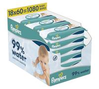 Pampers 99% Water Baby Wipes Plastic Free, 18 Packs of 60 Wipes = 1080 Baby Wet Wipes, Light Lotion With 99% Water