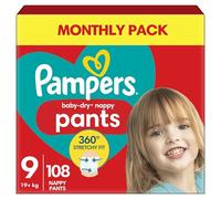 Pampers Baby-Dry Nappy Pants Size 9, 108 Nappies, 19kg+, Monthly Pack, 360° Fit to Help Prevent Gaps and Leaks