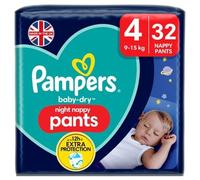 Pampers Baby-Dry Night Nappy Pants Size 4, 32 Night Nappies, 9kg-15kg, Essential Pack, Pampers Most Absorbent Pants for Extra Night Protection