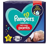 Pampers Baby-Dry Night Nappy Pants Size 6, 24 Night Nappies, 15kg+, Essential Pack, Pampers Most Absorbent Pants for Extra Night Protection