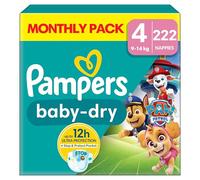 Pampers Baby-Dry Paw Patrol Edition Size 4, 222 Nappies, 9kg - 14kg, Monthly Pack, with A Stop & Protect Pocket to Help Prevent Leaks at The Back