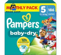 Pampers Baby-Dry Paw Patrol Edition Size 5, 186 Nappies, 11kg - 16kg, Monthly Pack, with A Stop & Protect Pocket to Help Prevent Leaks at The Back
